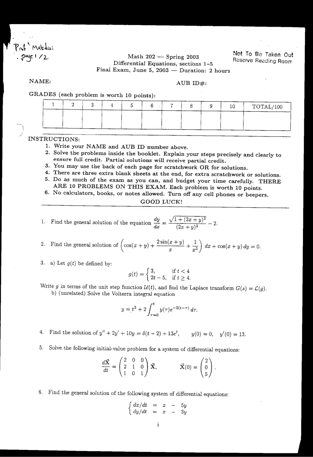 MATH 202 Final, Spring 2003, page 1