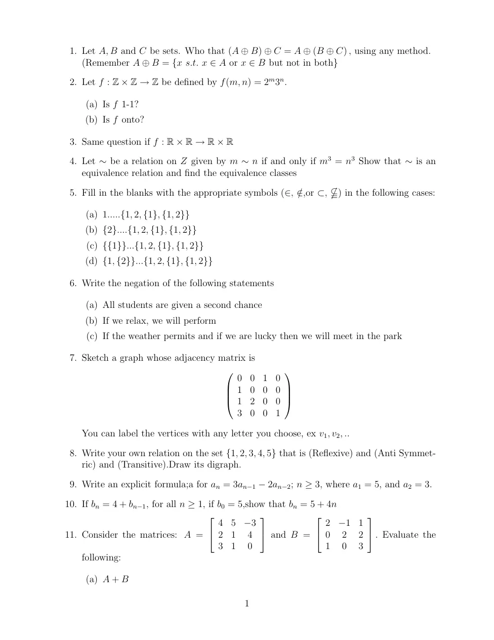 MTH 207 Final Sample, Fall 2012, page 1