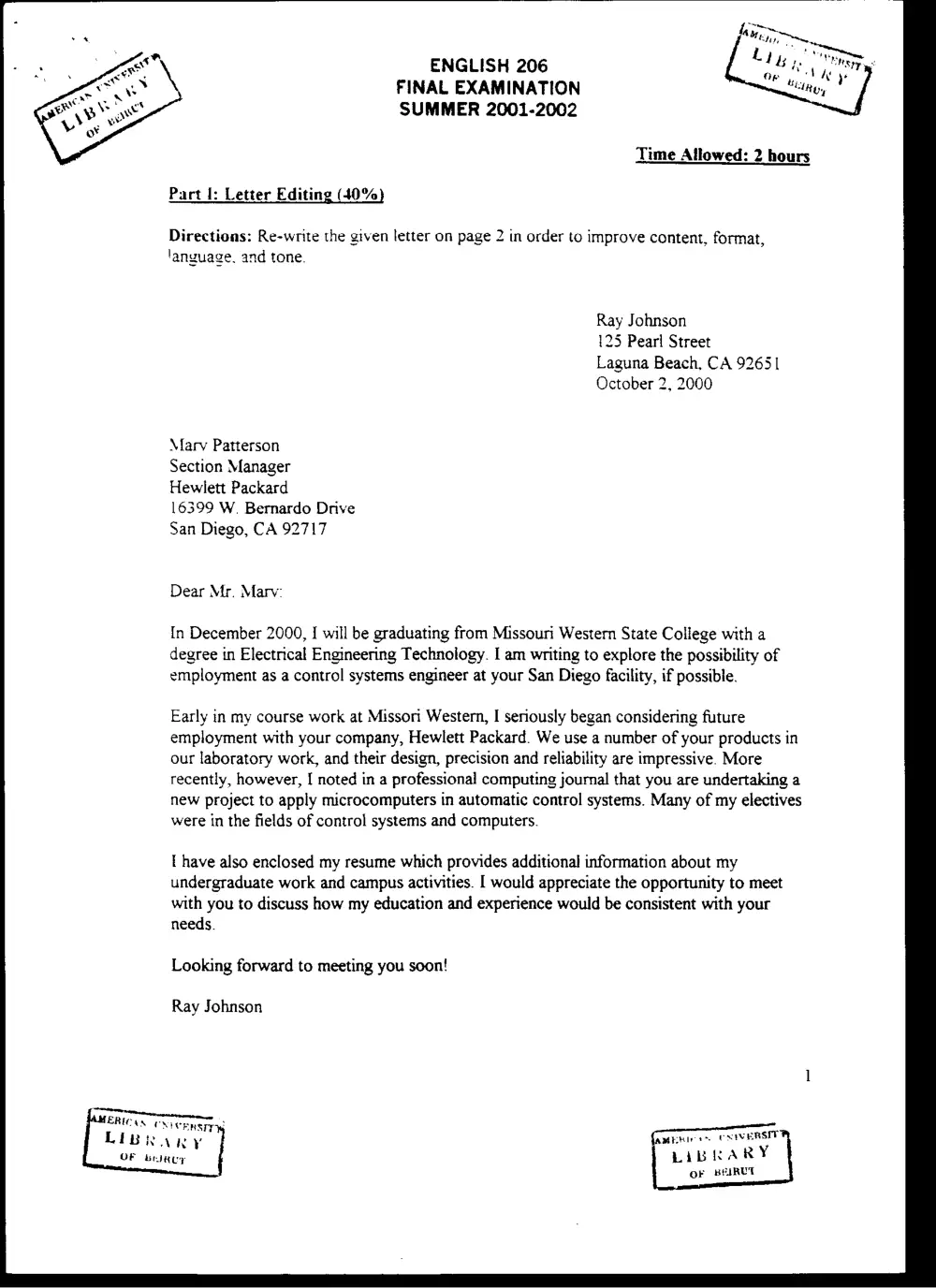 ENG 206 Final, Summer 2002, page 1