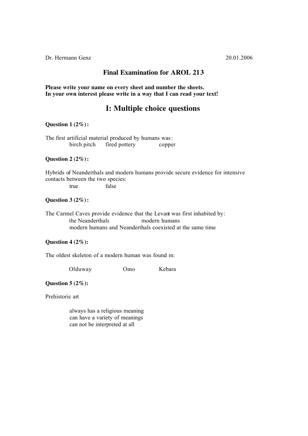 AROL 213 Final, Fall 2005, page 1