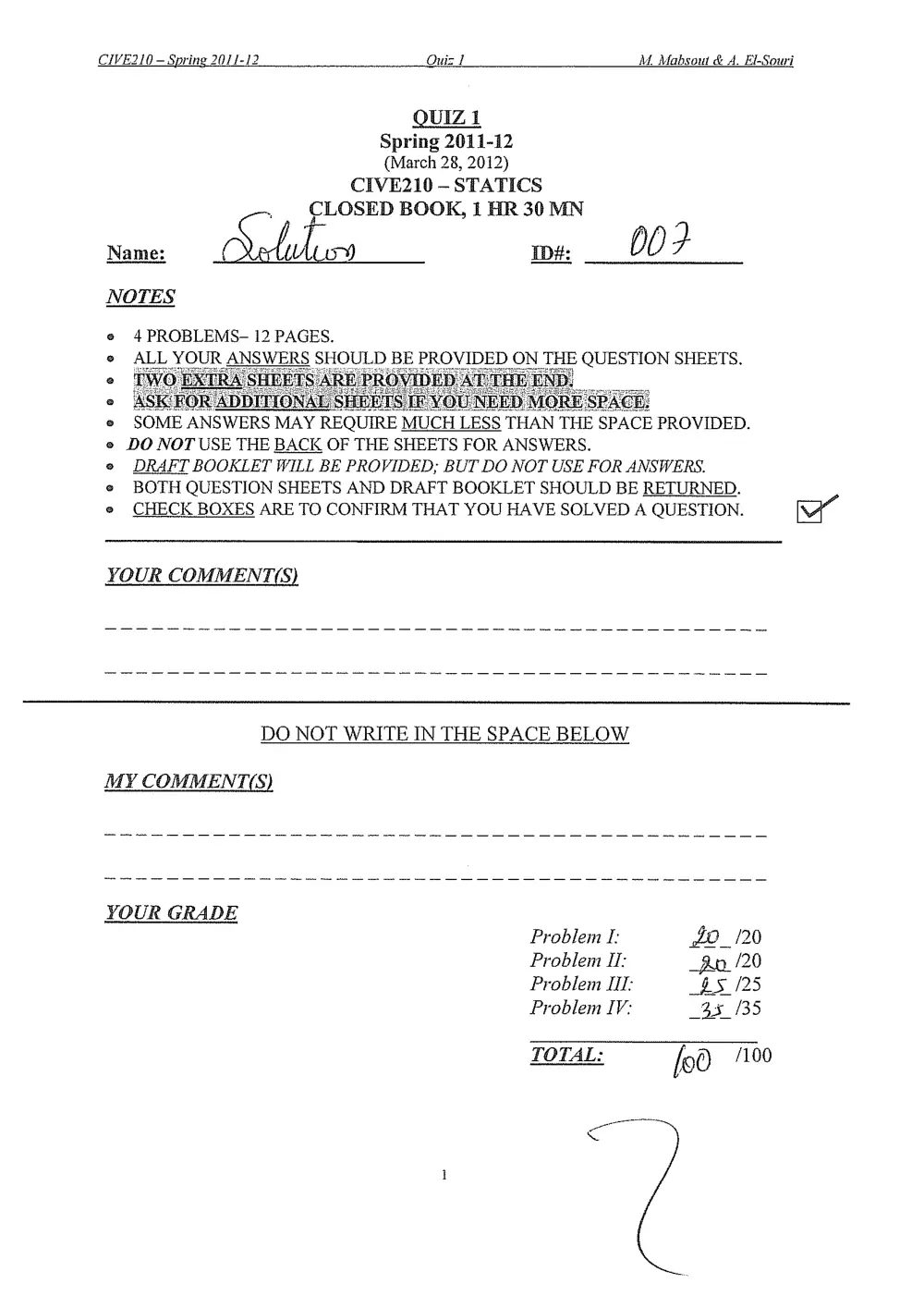 CIVE 210 Exam 1 with solution, Spring 2012, page 1