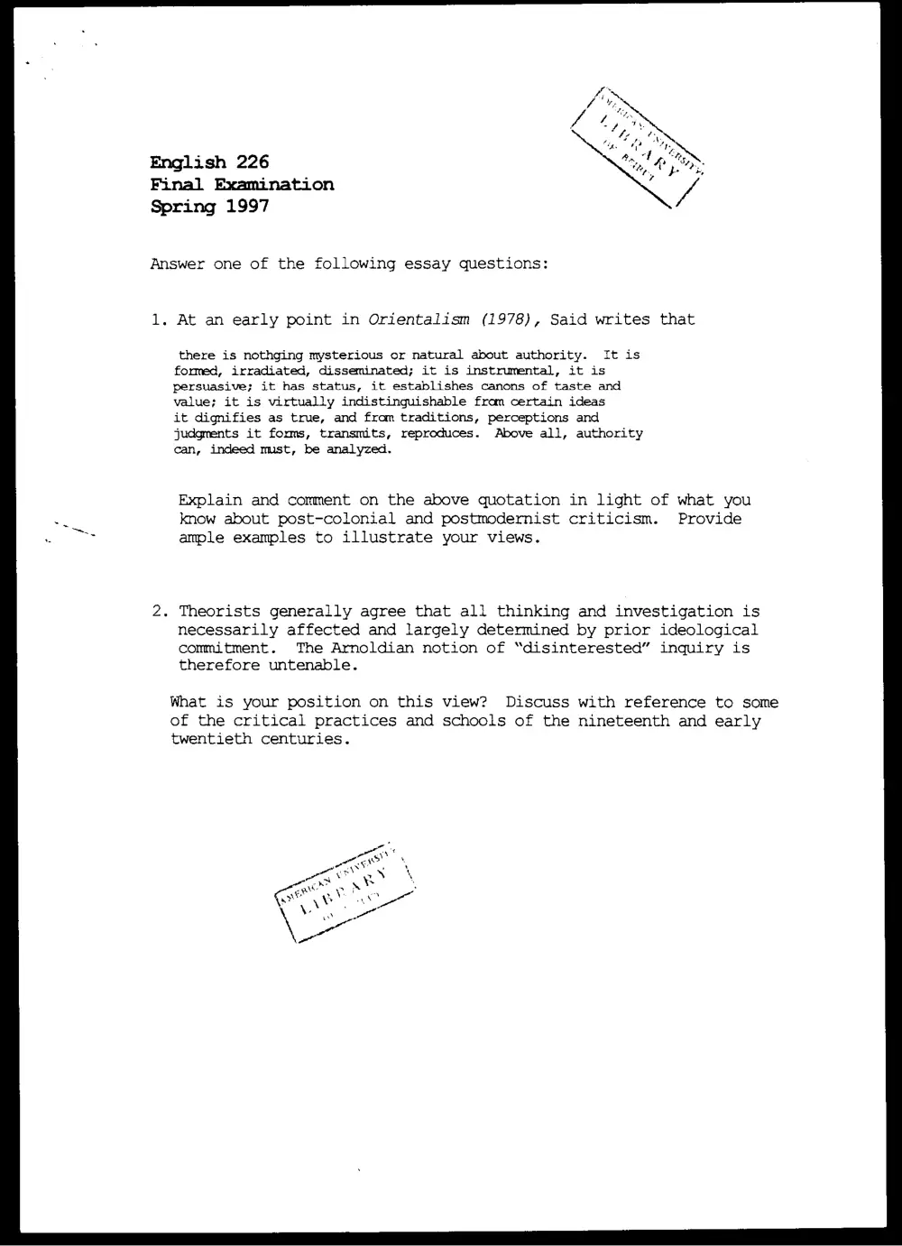 ENG 226 Final, Spring 1997, page 1