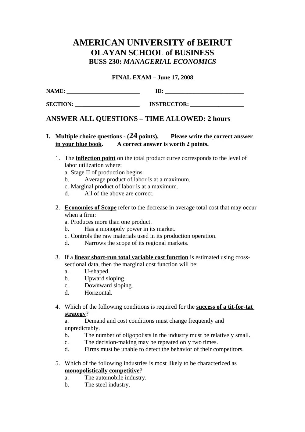 BUSS 230 Final, Spring 2008, page 1