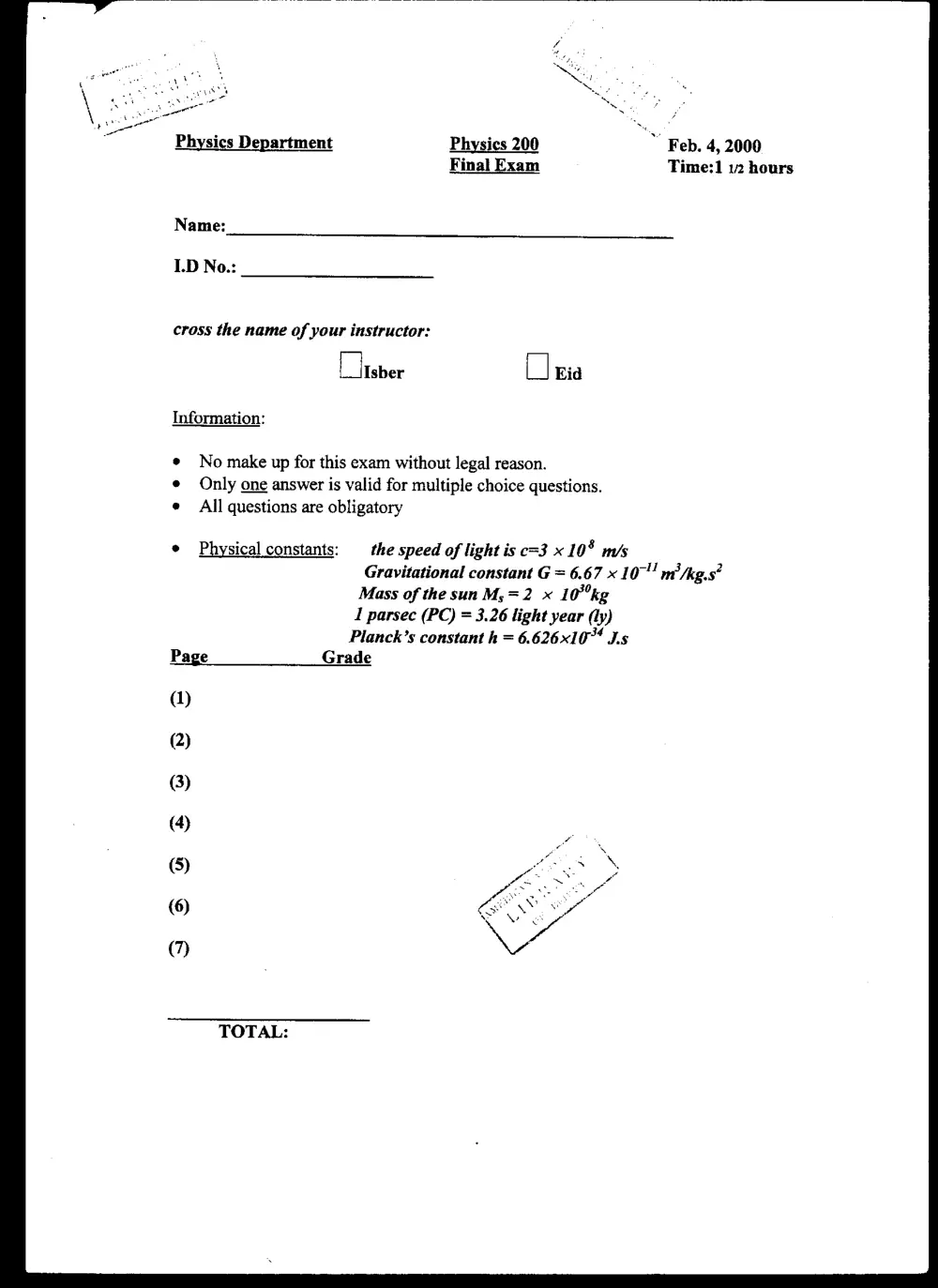 PHYS 200 Final, Fall 1999, page 1