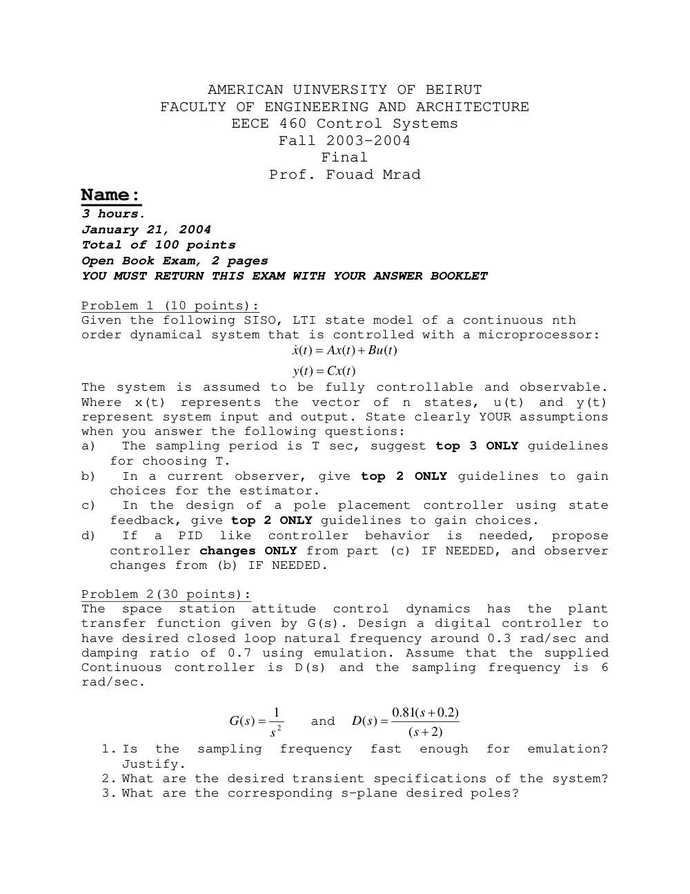 EECE 460 Final, Fall 2003, page 1