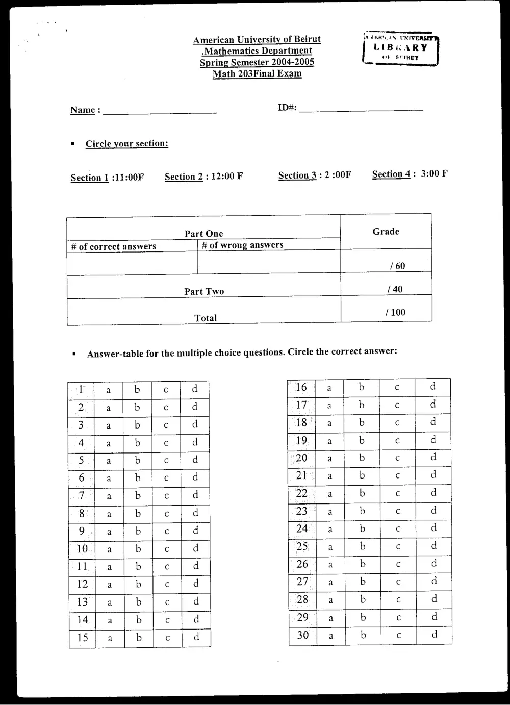 MATH 203 Final, Spring 2005, page 1