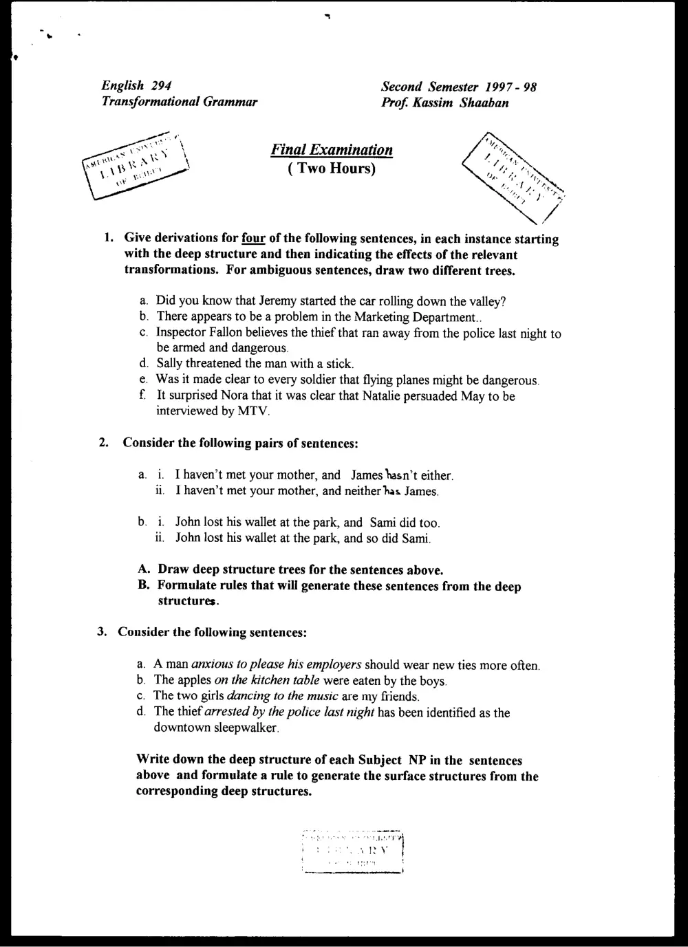 ENG 294 Final, Spring 1998, page 1
