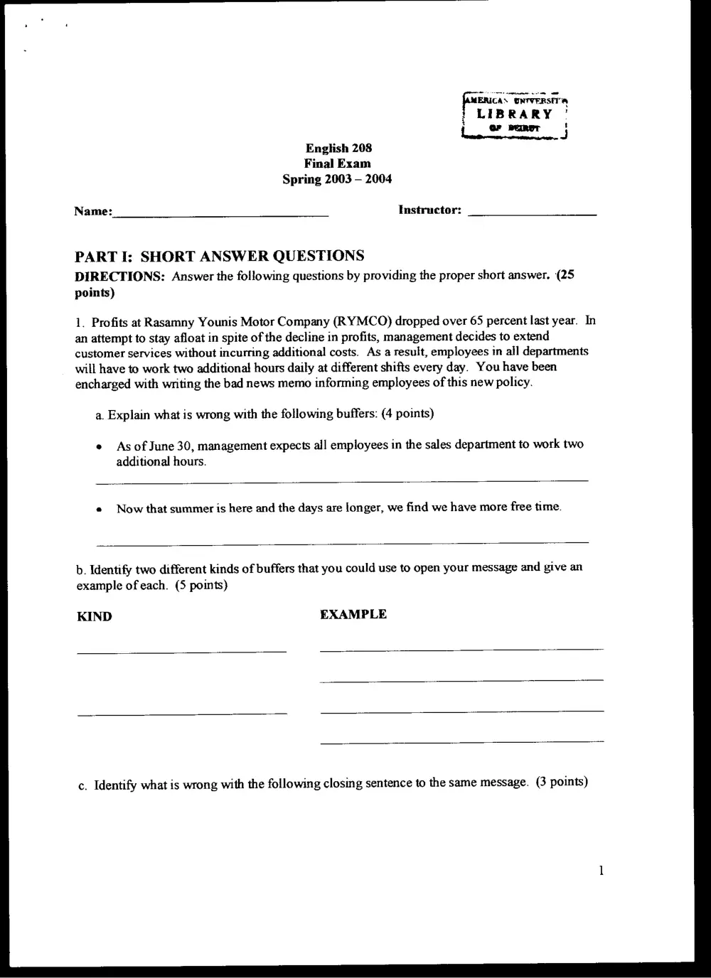 ENG 208 Final, Spring 2004, page 1