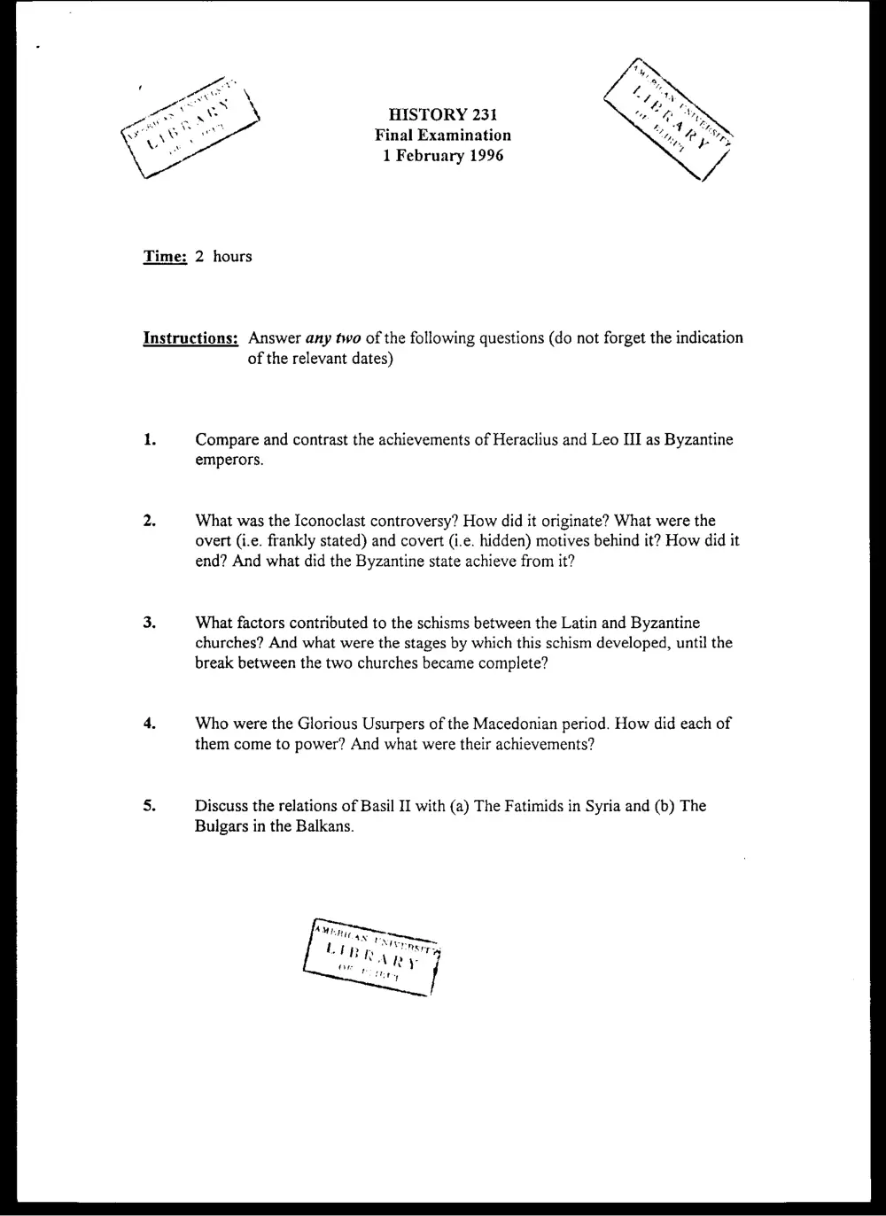 HIST 231 Final, Fall 1995, page 1