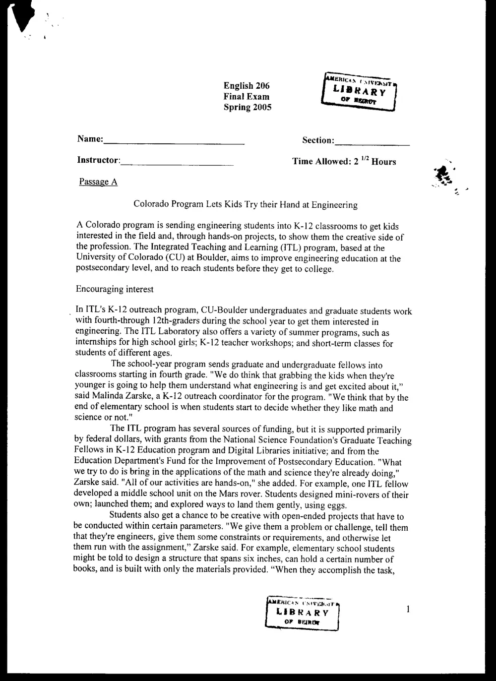ENG 206 Final, Spring 2005, page 1