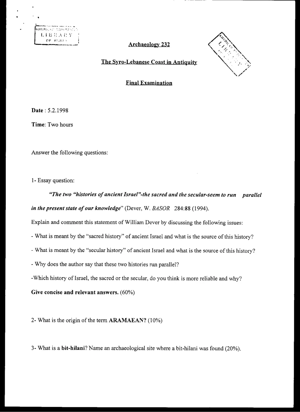 AROL 232 Final, Fall 1997, page 1