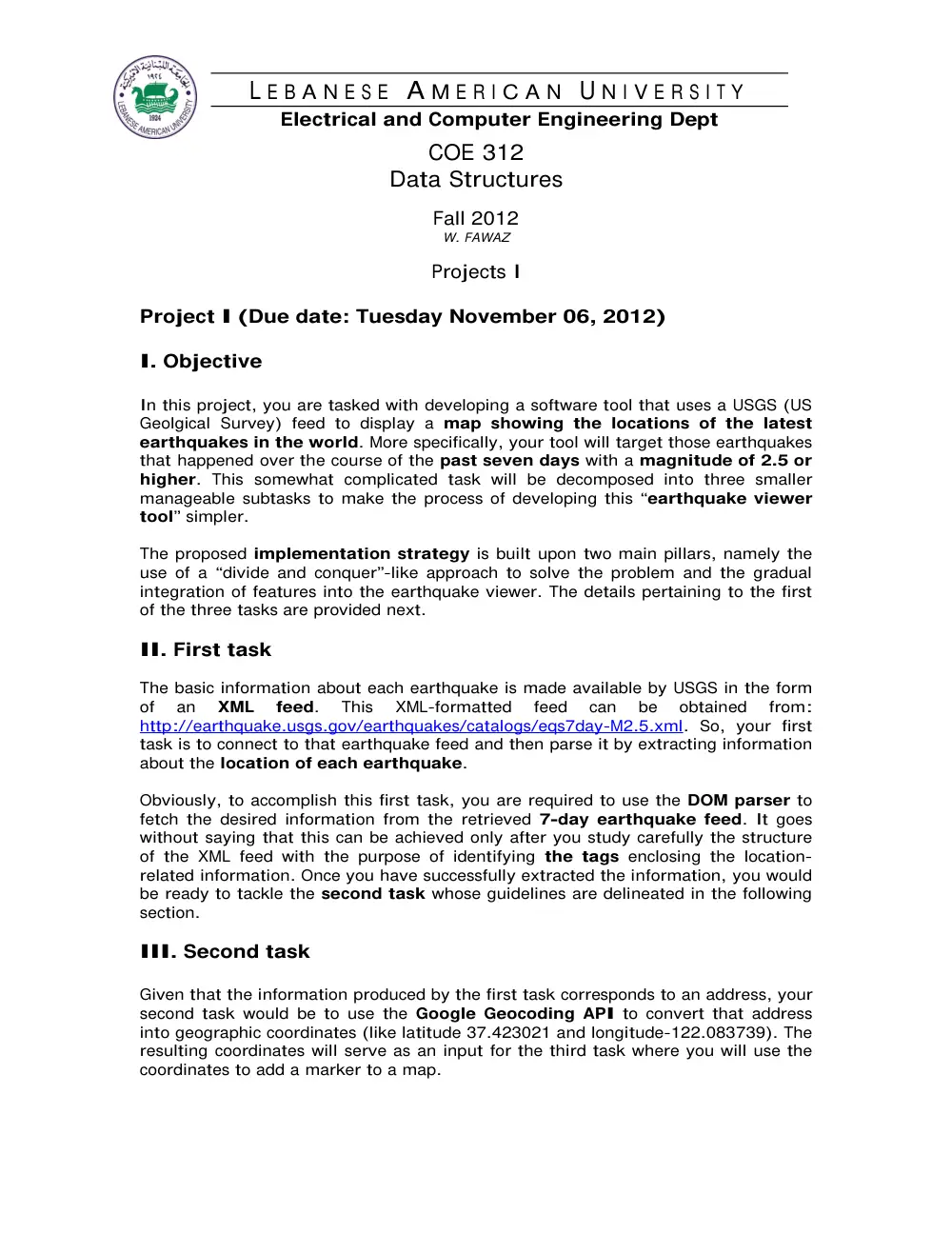 COE 312 Project 1, Fall 2012, page 1