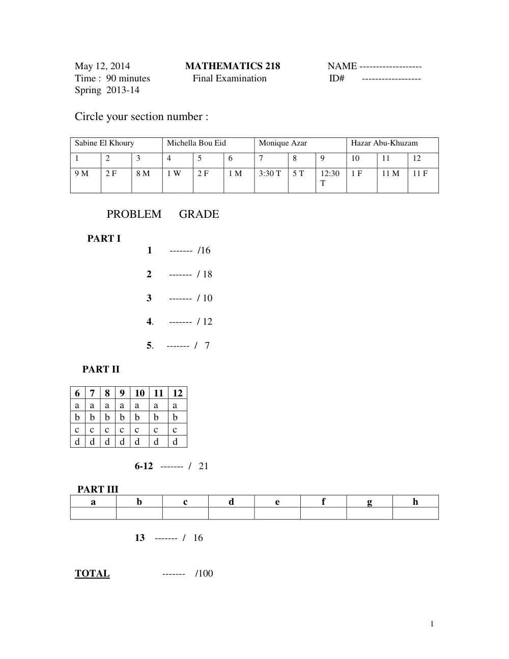 MATH 218 Final, Spring 2014, page 1