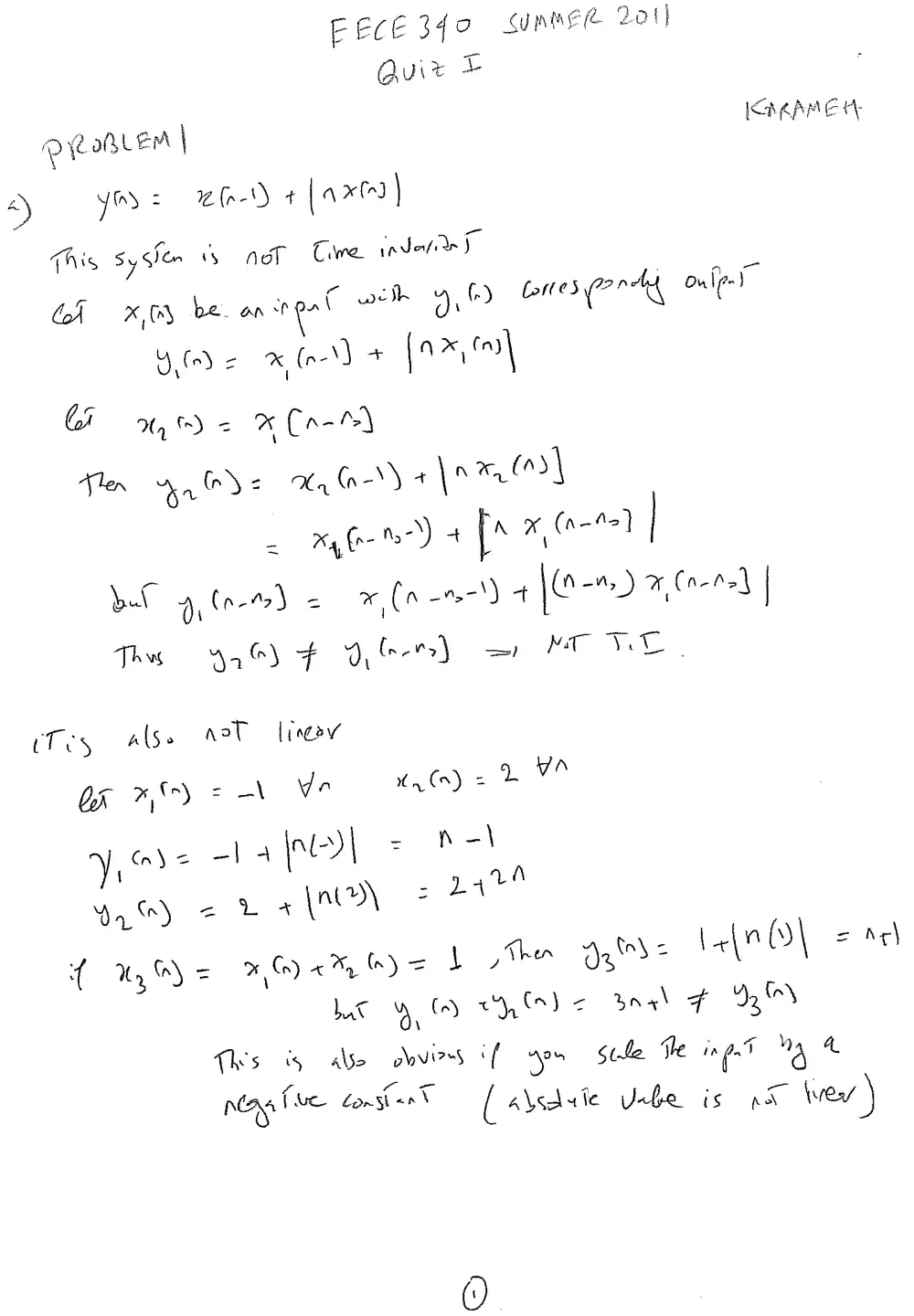 EECE 340 Exam 1 Solution, Summer 2011, page 1