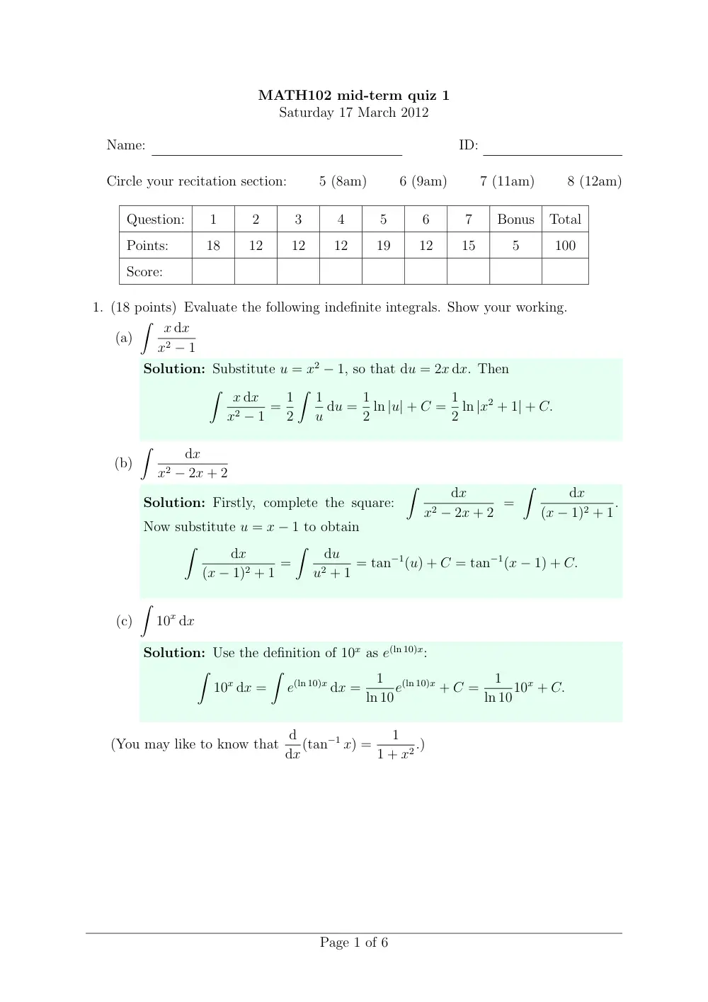 MATH 102 Exam 1 With Solution, Spring 2012, page 1
