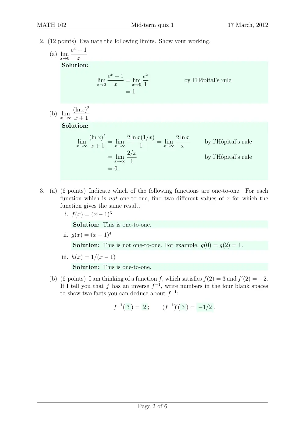 MATH 102 Exam 1 With Solution, Spring 2012, page 2
