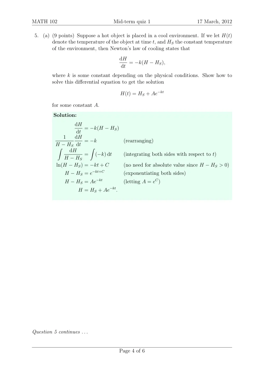 MATH 102 Exam 1 With Solution, Spring 2012, page 4