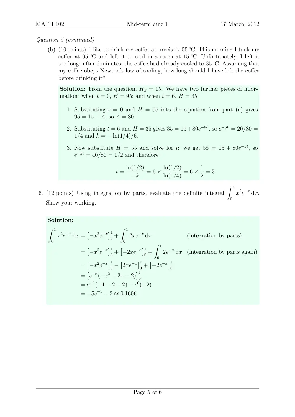 MATH 102 Exam 1 With Solution, Spring 2012, page 5