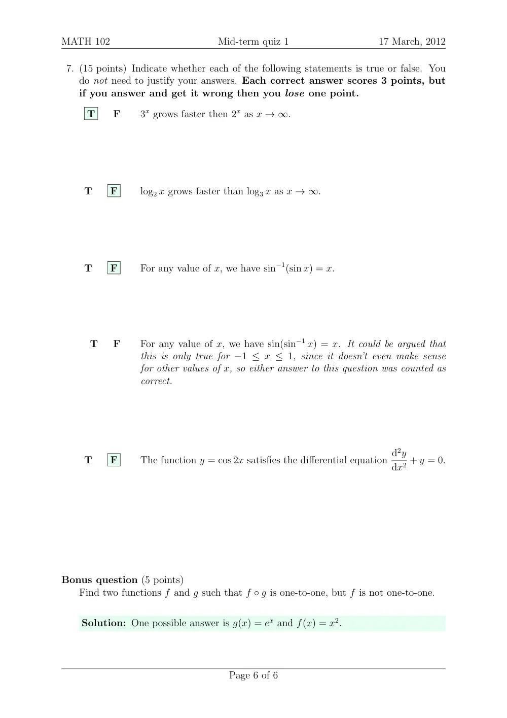 MATH 102 Exam 1 With Solution, Spring 2012, page 6