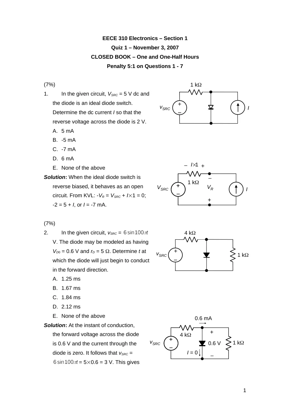 EECE 310 Exam 1, Fall 2007, page 1