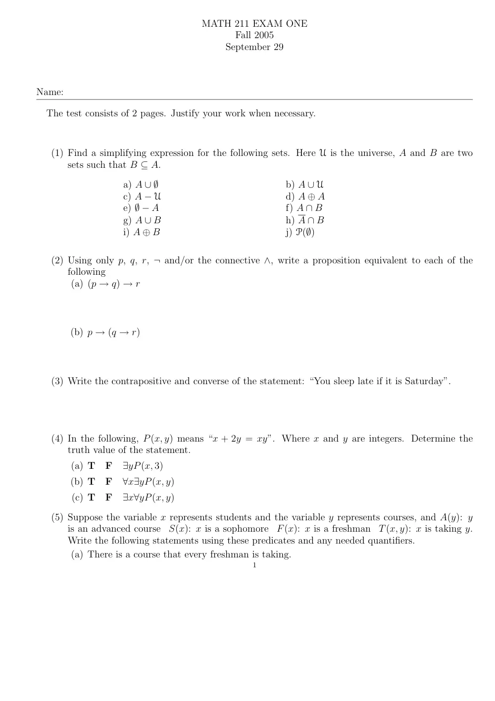 MATH 211 Exam 1, Fall 2005, page 1