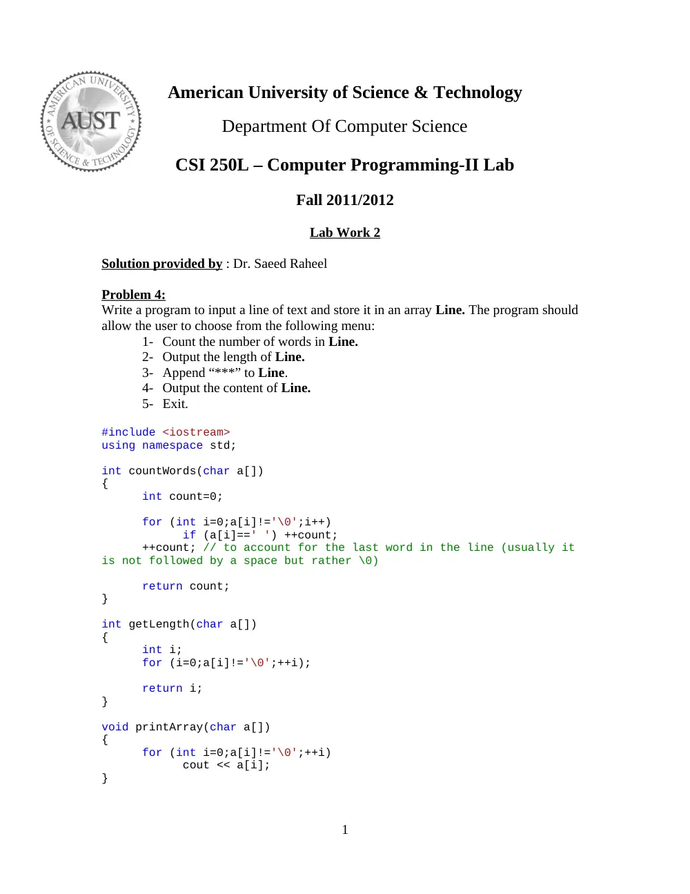 CSI 250L Lab 2 Solution, Spring 2012, page 1