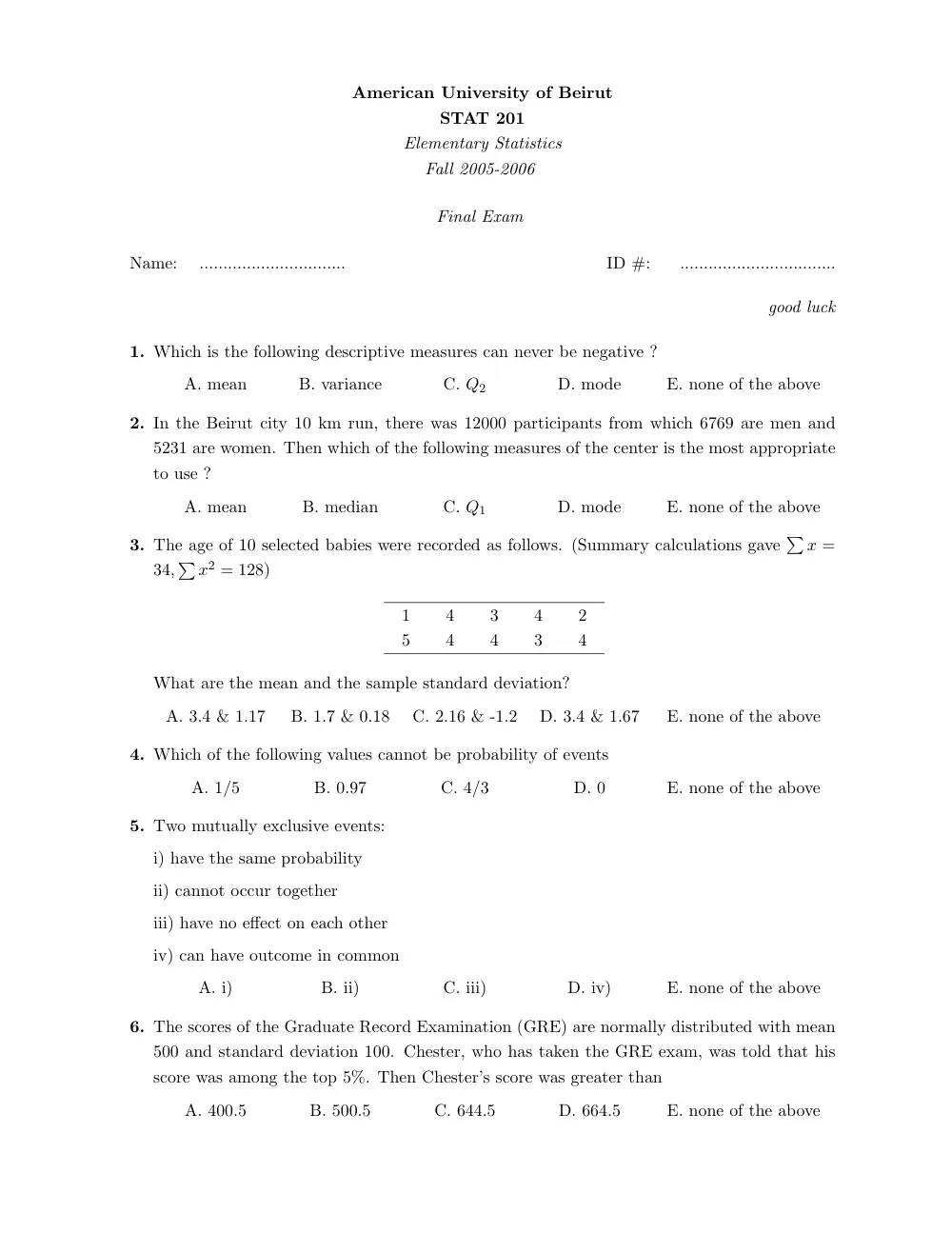 STAT 201 Final, Fall 2005, page 1