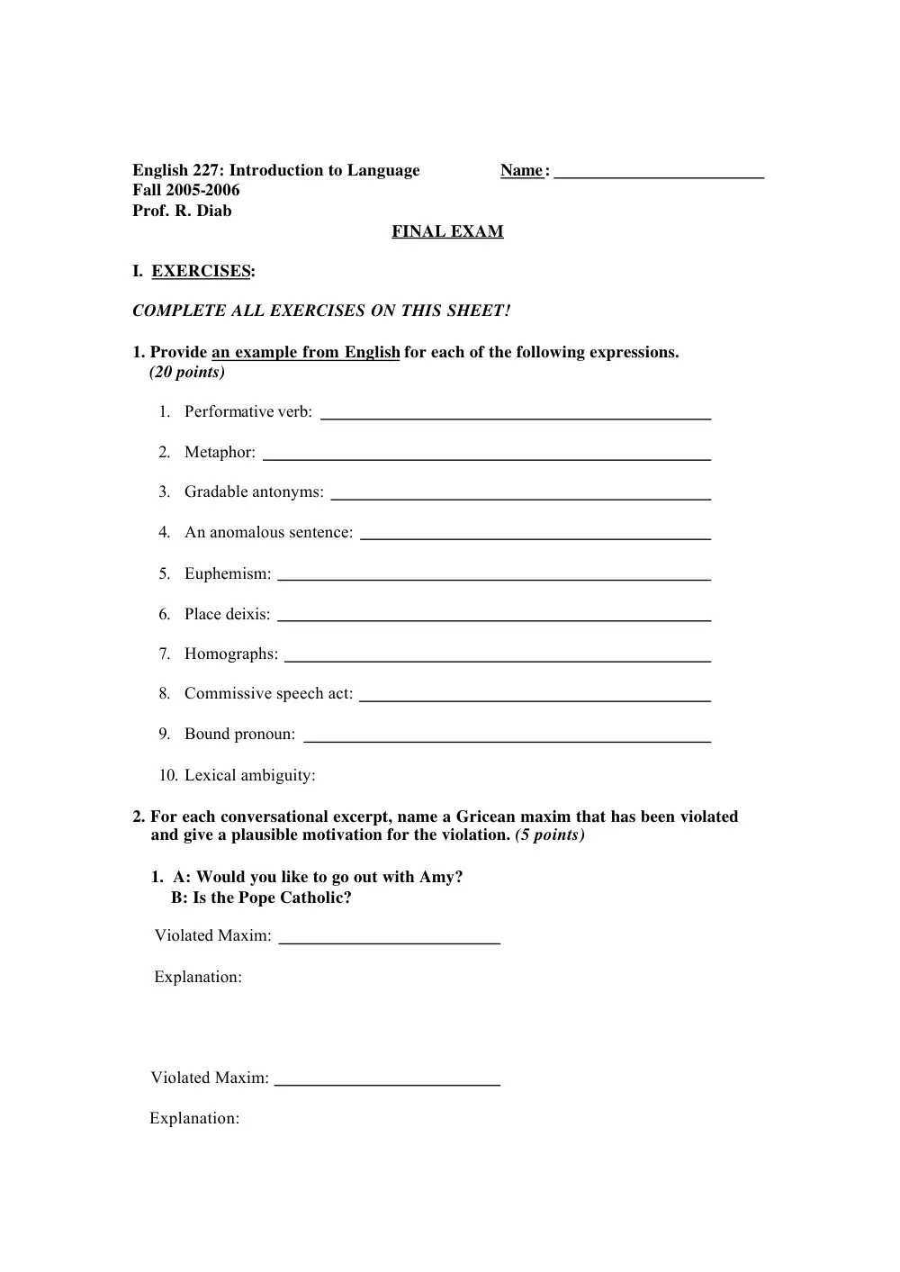 ENG 227 Final, Fall 2005, page 1