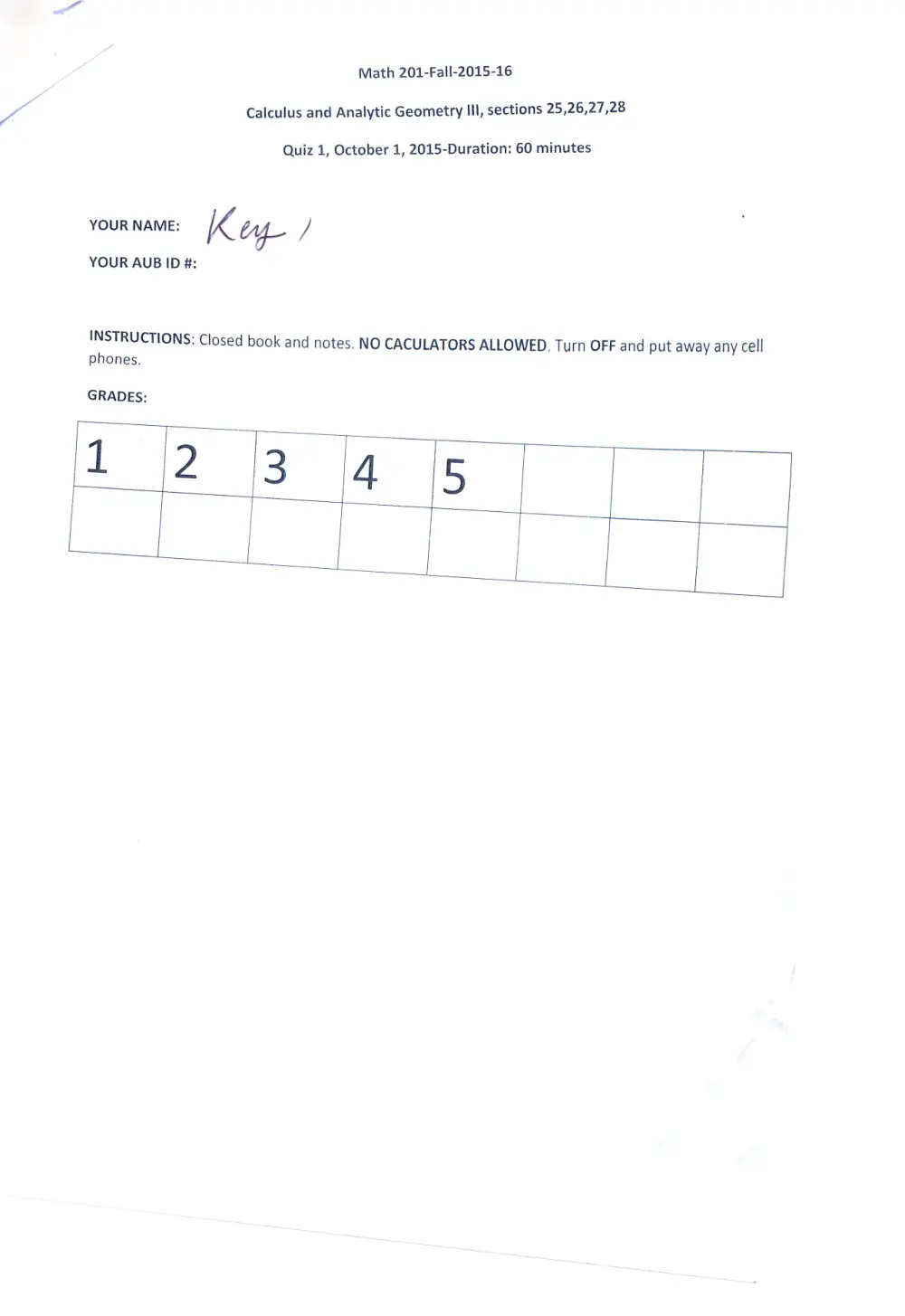 MATH 201 Exam 1 With Solution, Fall 2015, page 1