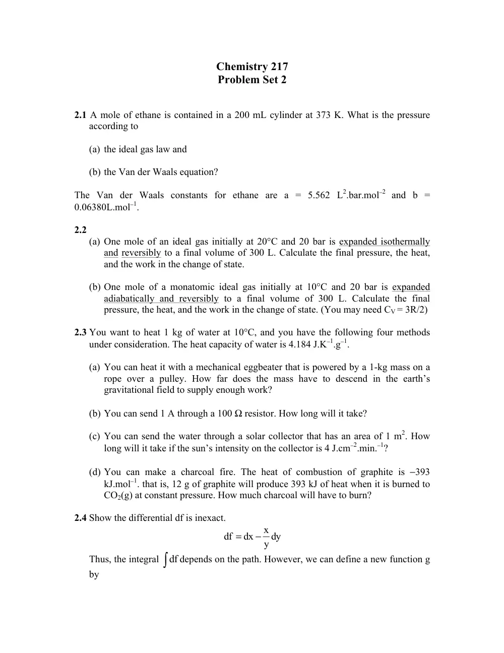 CHEM 217 Problems Set 2, Fall 2011, page 1