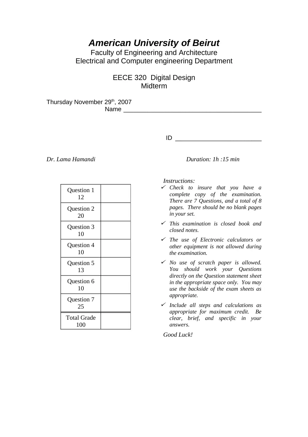 EECE 320 Midterm, Fall 2007, page 1