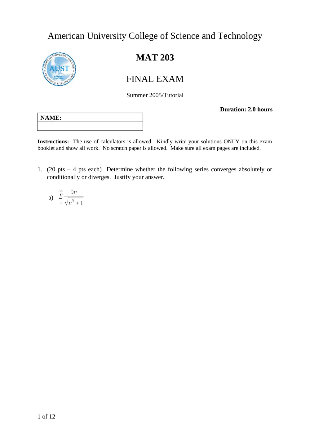 MAT 203 Final, page 1