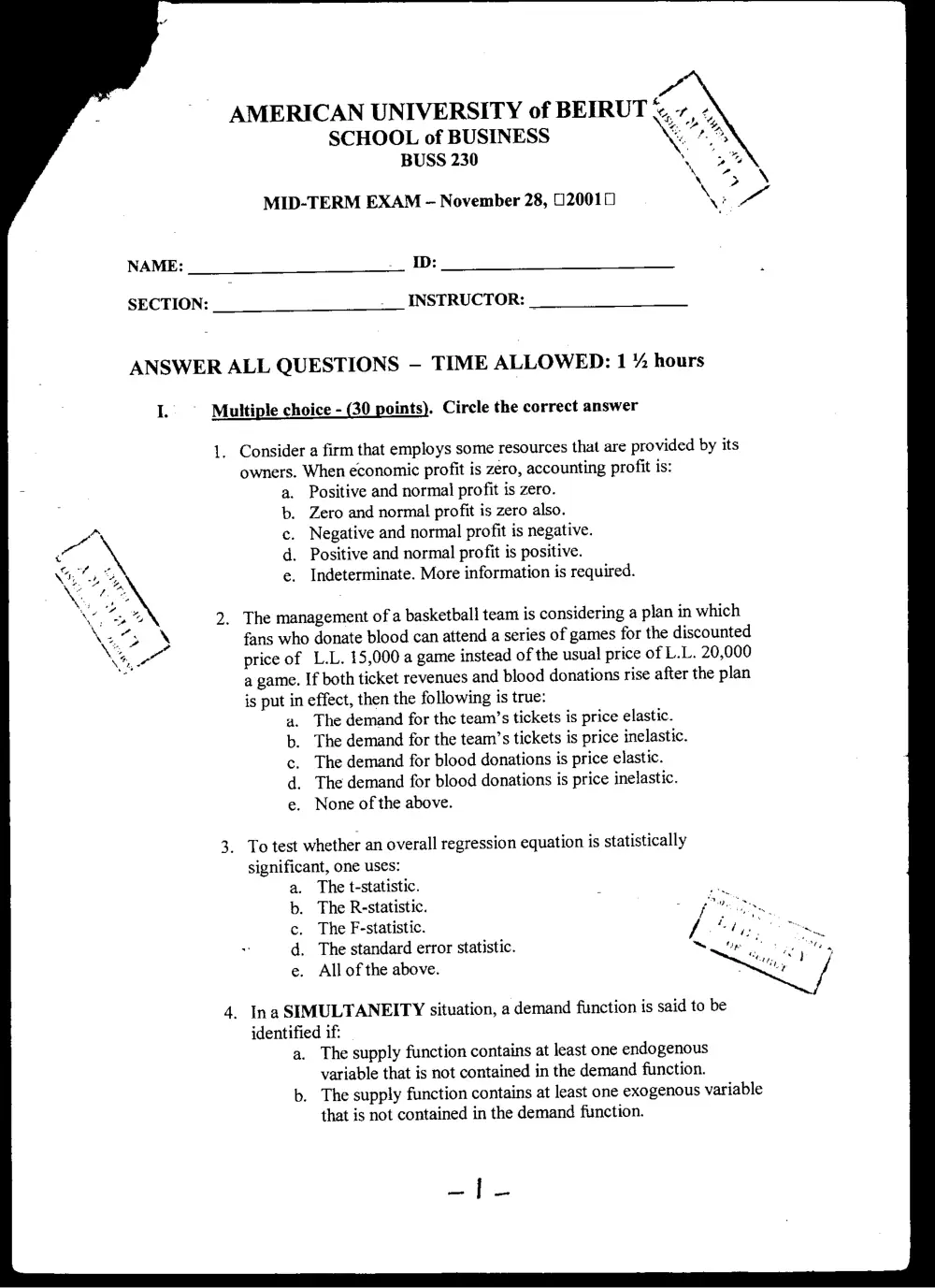 BUSS 230 Midterm, Fall 2001, page 1