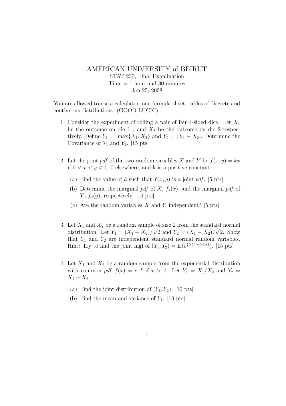 STAT 230 Final, Fall 2007, page 1