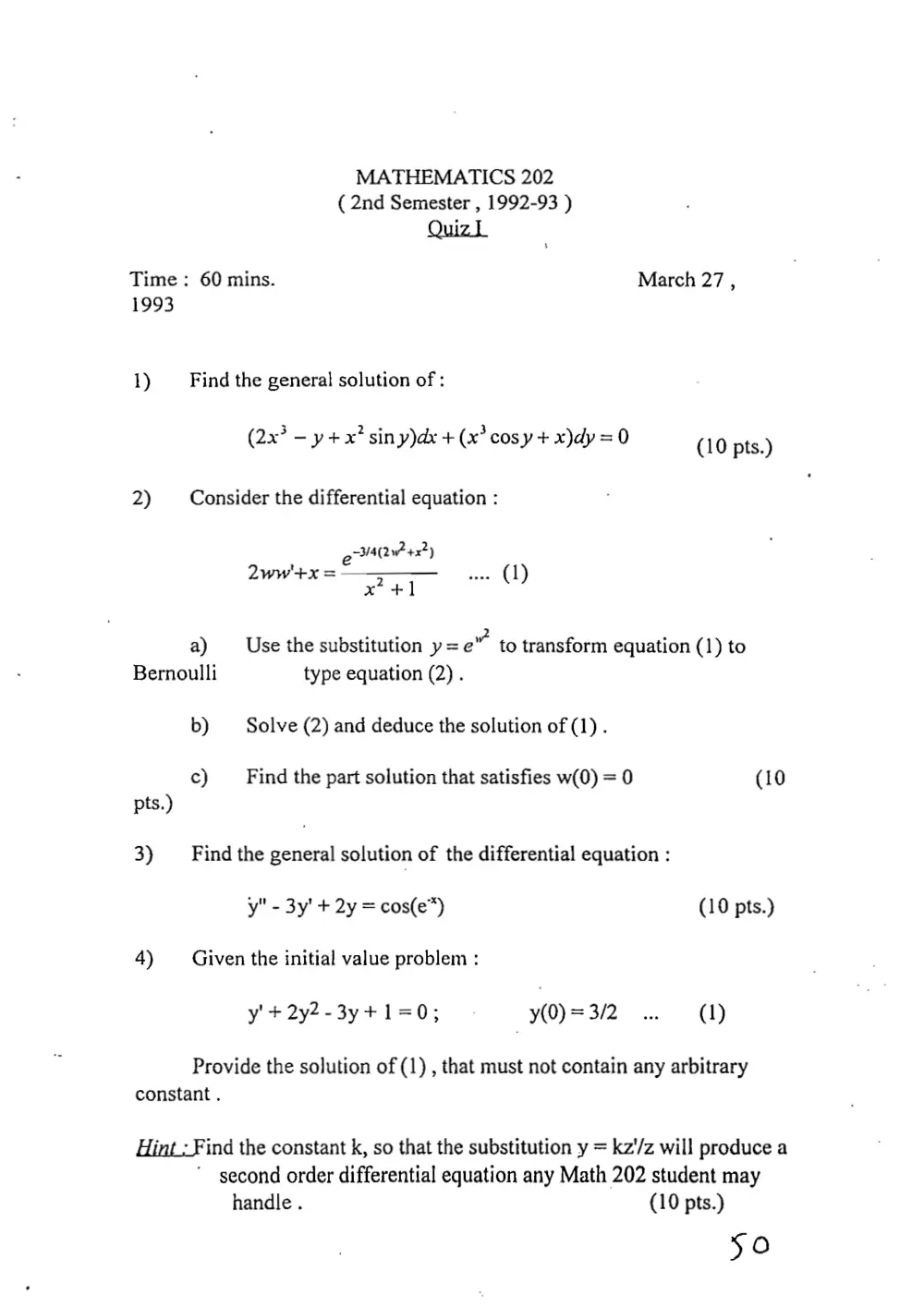 MATH 202 Exam 1 with Solution, page 1