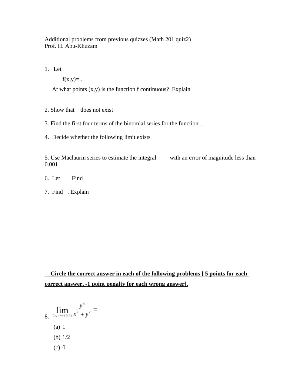 MATH 201 Notes Formulas, Fall 2012, page 1