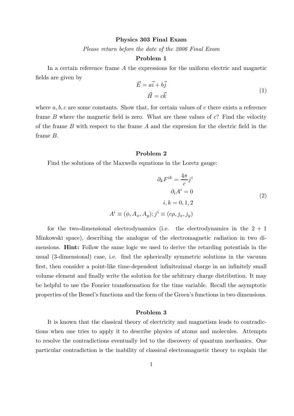 PHYS 303 Final, Fall 2005, page 1
