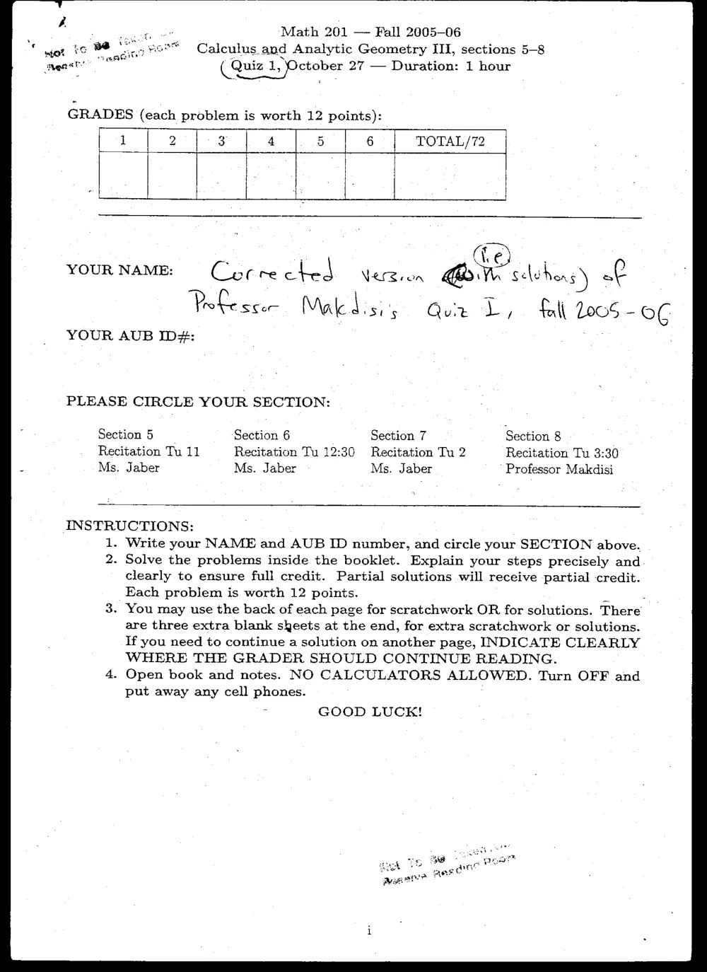MATH 201 Exam 1 with Solution, Fall 2005, page 1