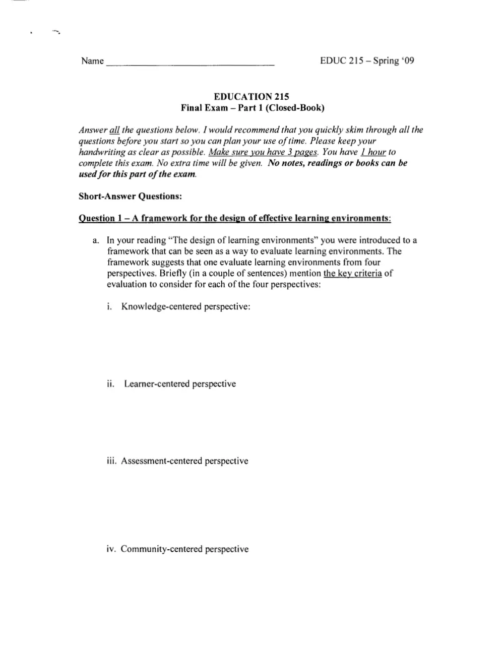 EDUC 215 Final, Spring 2009, page 1