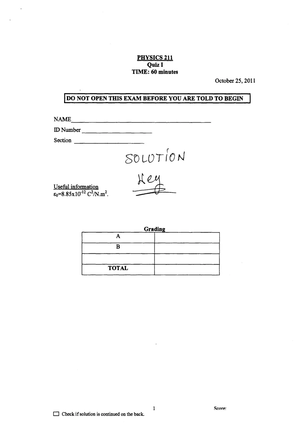 PHYS 211 Exam 1 with Solution, Fall 2011, page 1