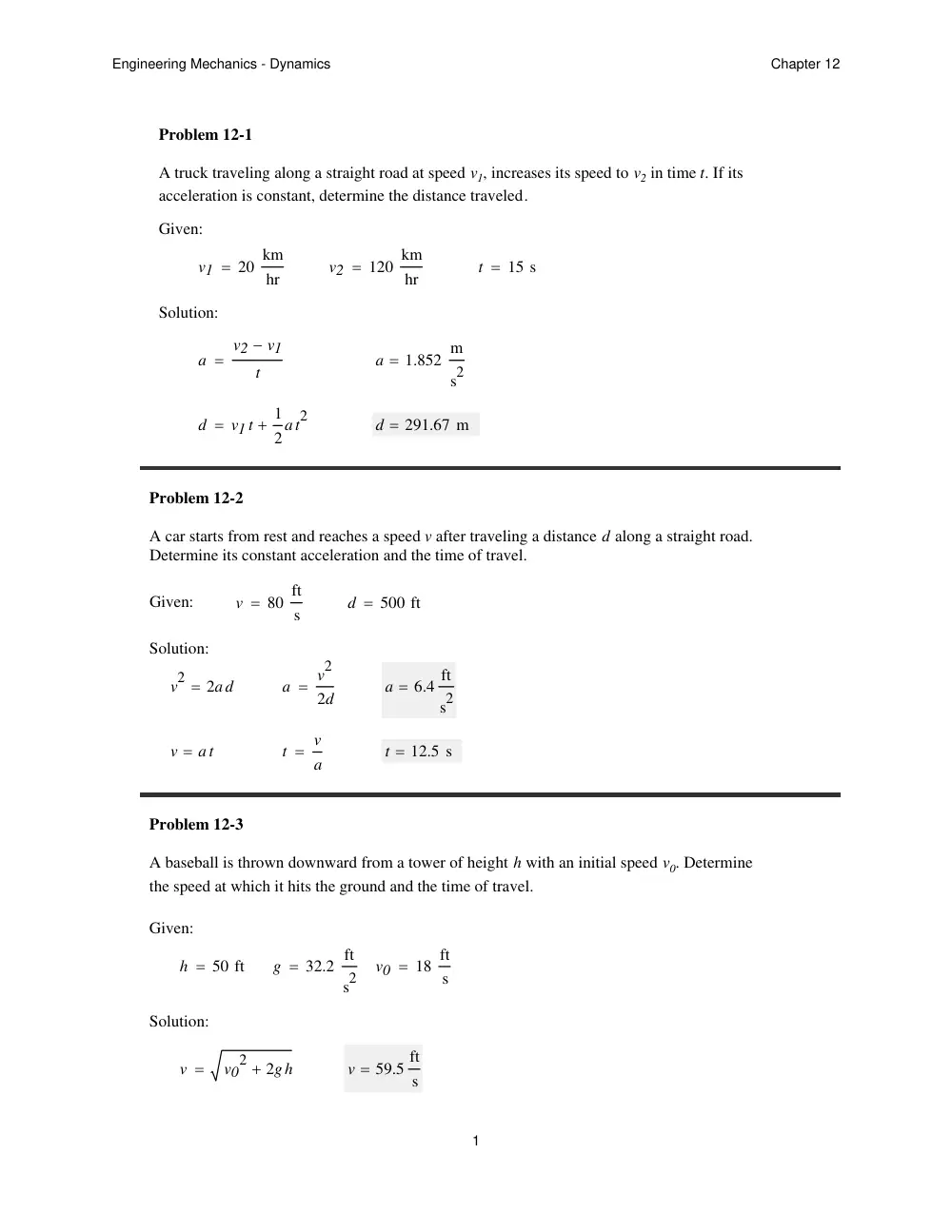 MEN 201 Problems For Chapter 12 with Solutions, Spring 2012, page 1
