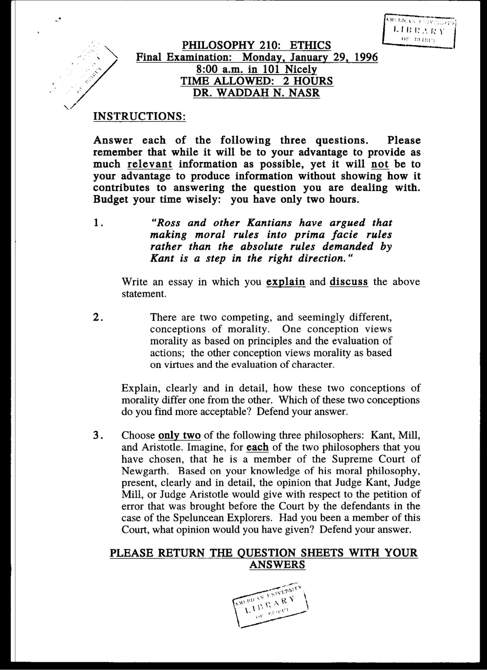 PHIL 210 Final, Fall 1995, page 1