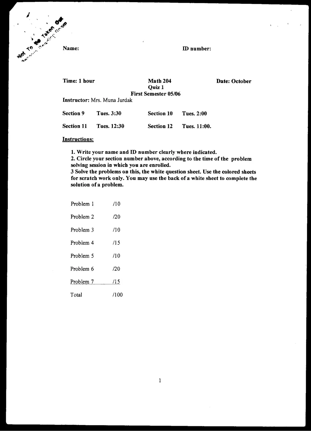 MATH 204 Exam 2, Fall 2005, page 1