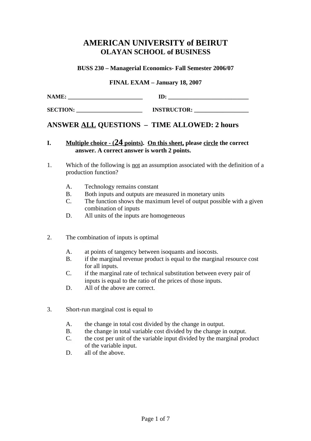 BUSS 230 Final, Fall 2007, page 1