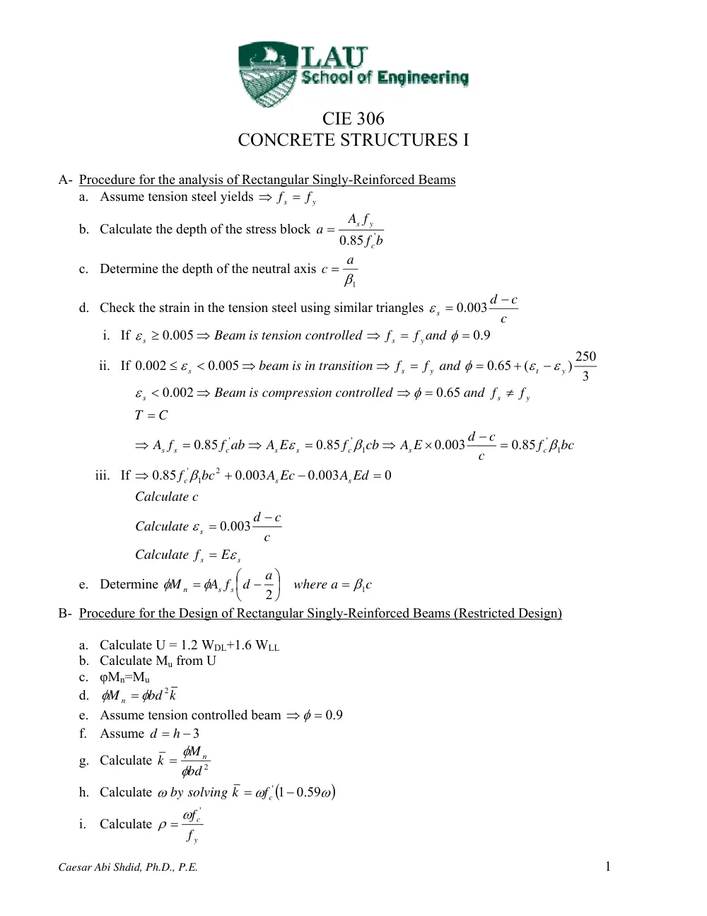 CIE 306 Notes Rectangular Beams, Fall 2012, page 1