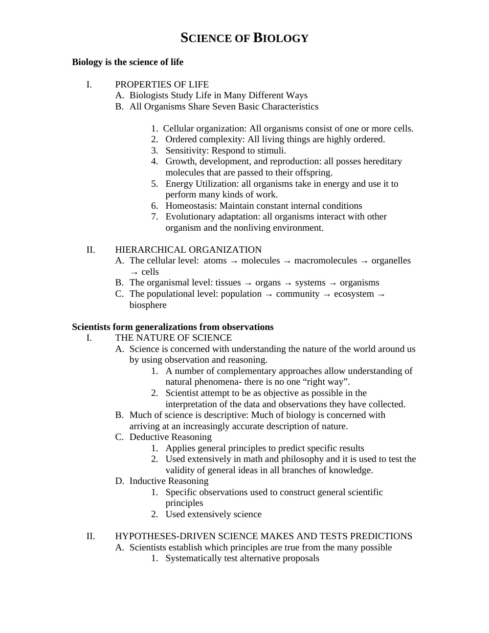 BIO 201 Chapter 1 Summary, Fall 2011, page 1