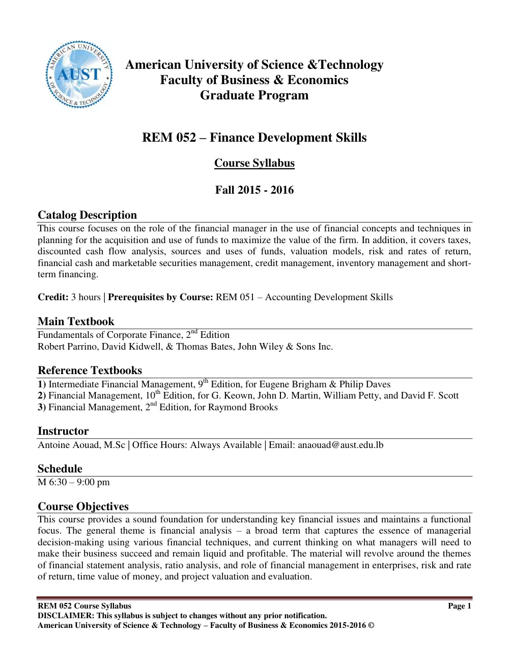 REM 052 Syllabus, Fall 2015, page 1