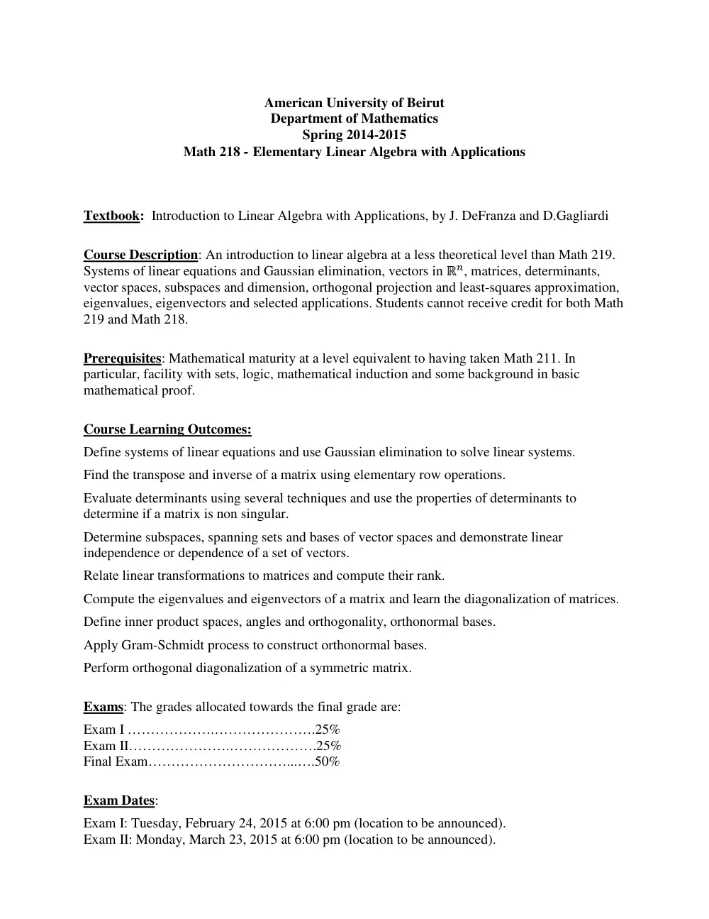 MATH 218 Syllabus, Spring 2015, page 1