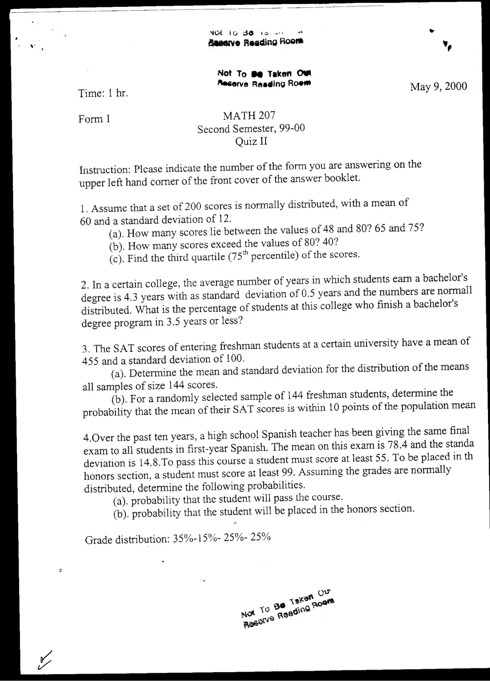 STAT 201 Exam 2, Spring 2000, page 1