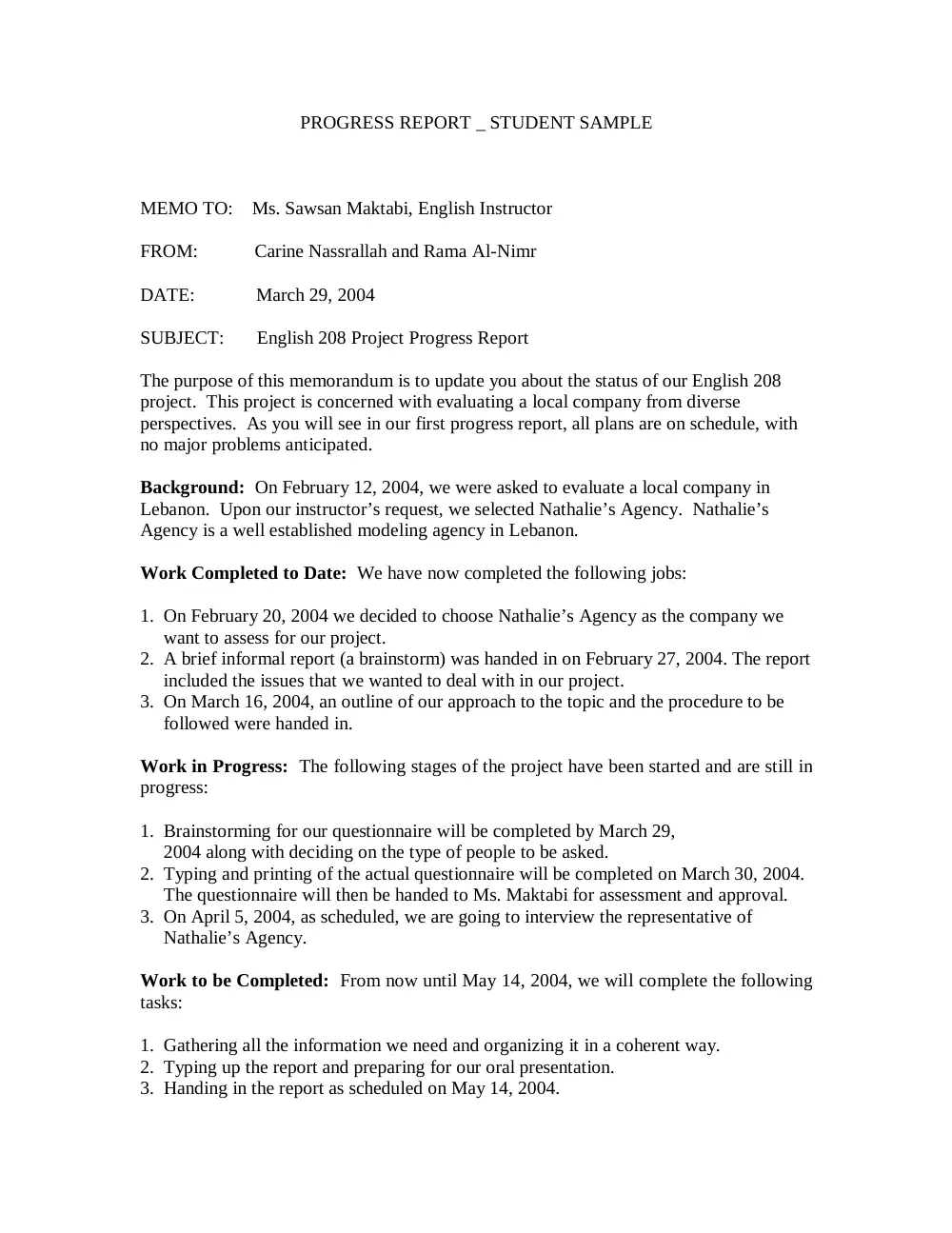 ENG 208 Essay Progress Report, Spring 2004, page 1
